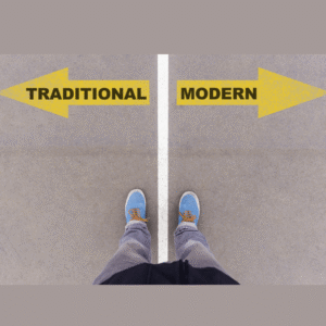 person standing in front of a crossroad saying traditional/modern